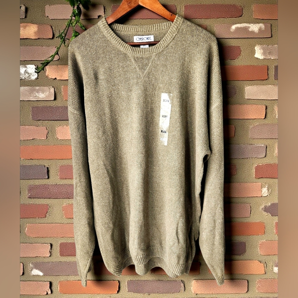 Vintage Cherokee Khaki Green Crewneck Sweater Mens XXL Relaxed Fit Knit Basic